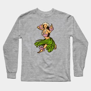 Vintage Hawaiian Hula Dancer Cartoon // Retro Hula Girl C Long Sleeve T-Shirt